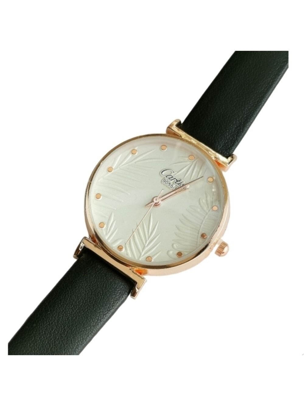 Watch palm textured white face black leather strap quartz 🆕